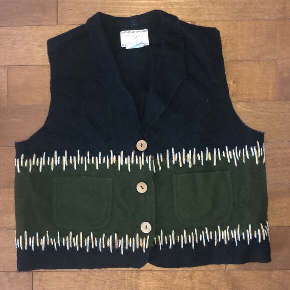 Vintage JouJou Black & Green Wool Vest, collar Camel & Cream Blanket size small - Picture 7 of 10